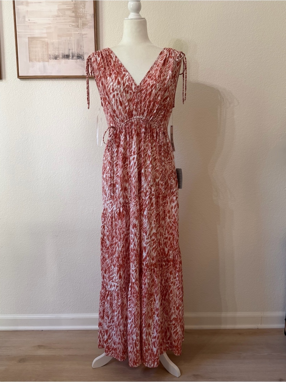 Maggy London Asym Tier Printed V-Neck Maxi Dress Size 12 NWT